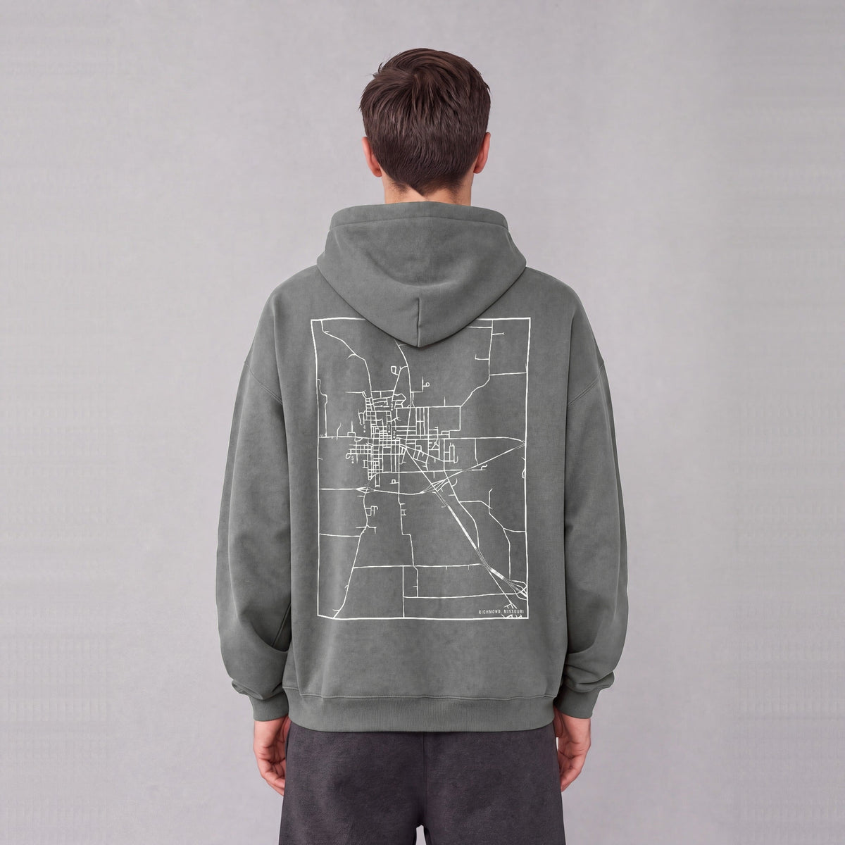 Richmond map hoodie, back print on model - Gray