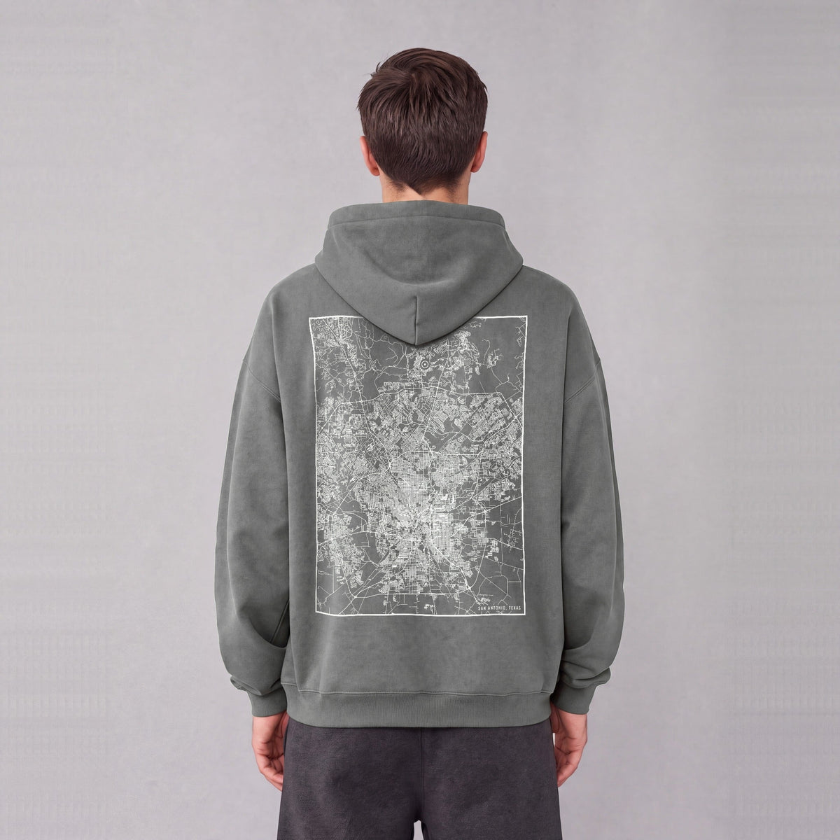 San Antonio map hoodie, back print on model - Gray