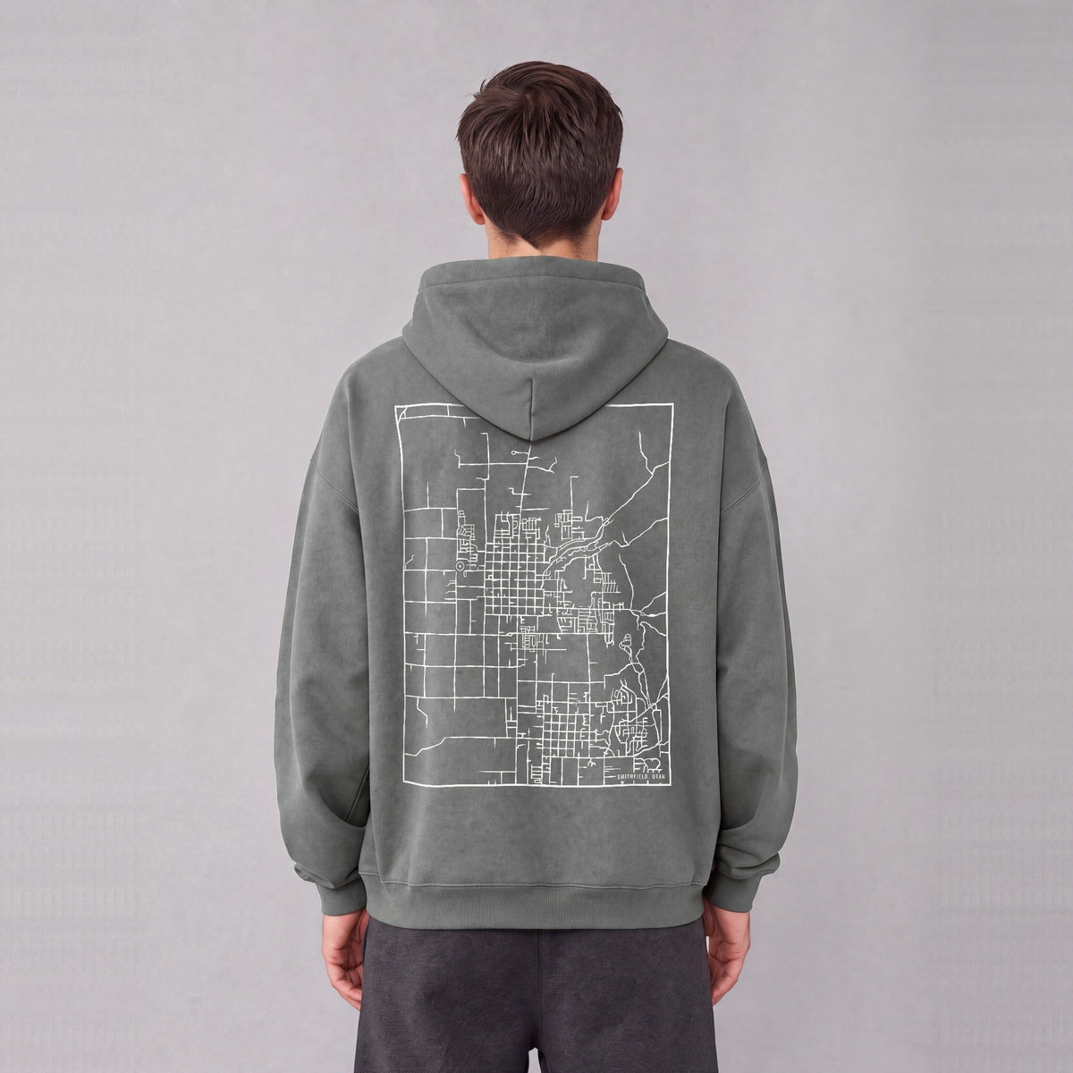 Smithfield map hoodie, back print on model - Gray