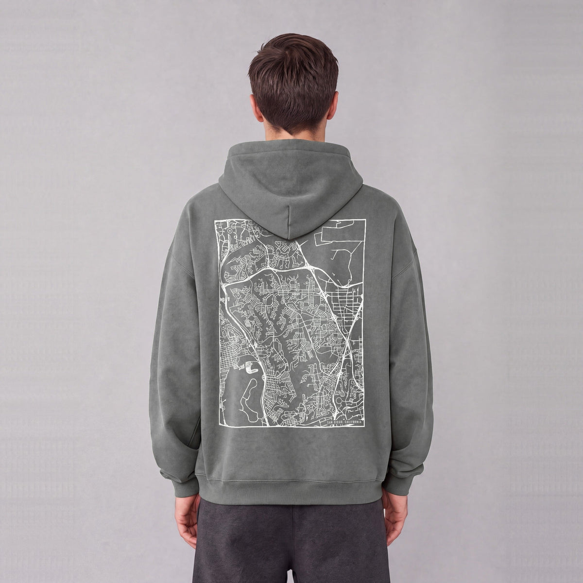 San Diego map hoodie, back print on model - Gray
