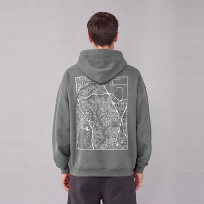 San Diego map hoodie, back print on model - Gray
