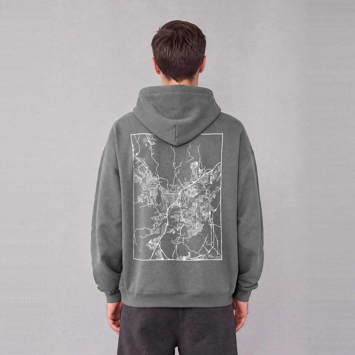 St. George map hoodie, back print on model - Gray