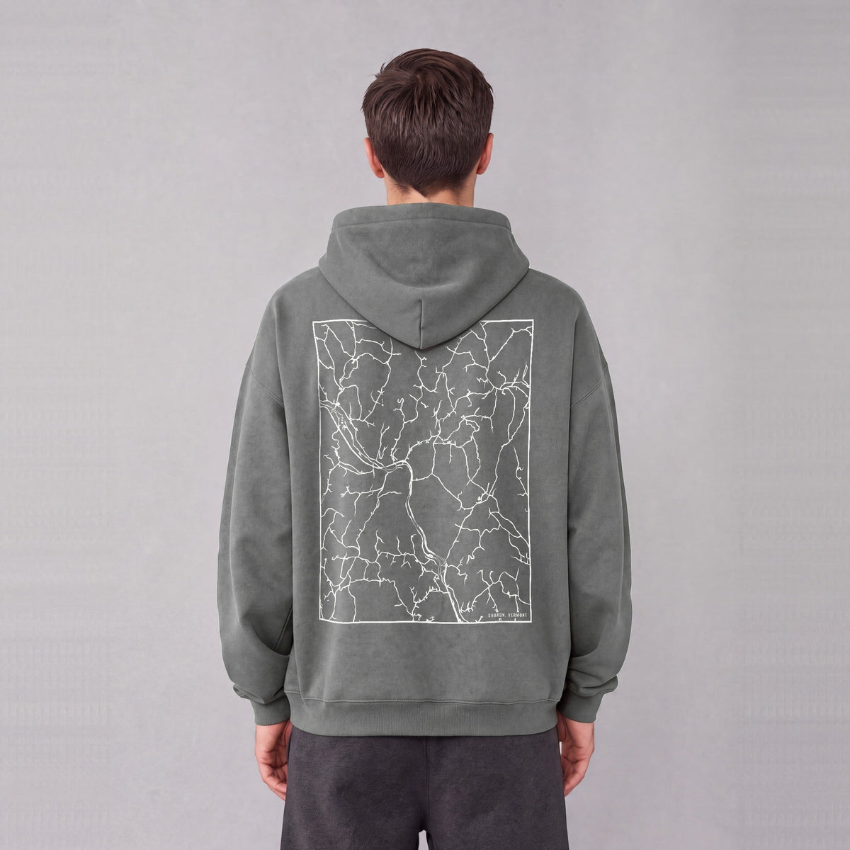 Sharon map hoodie, back print on model - Gray