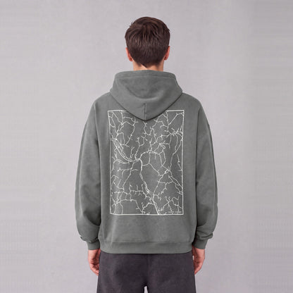 Sharon map hoodie, back print on model - Gray