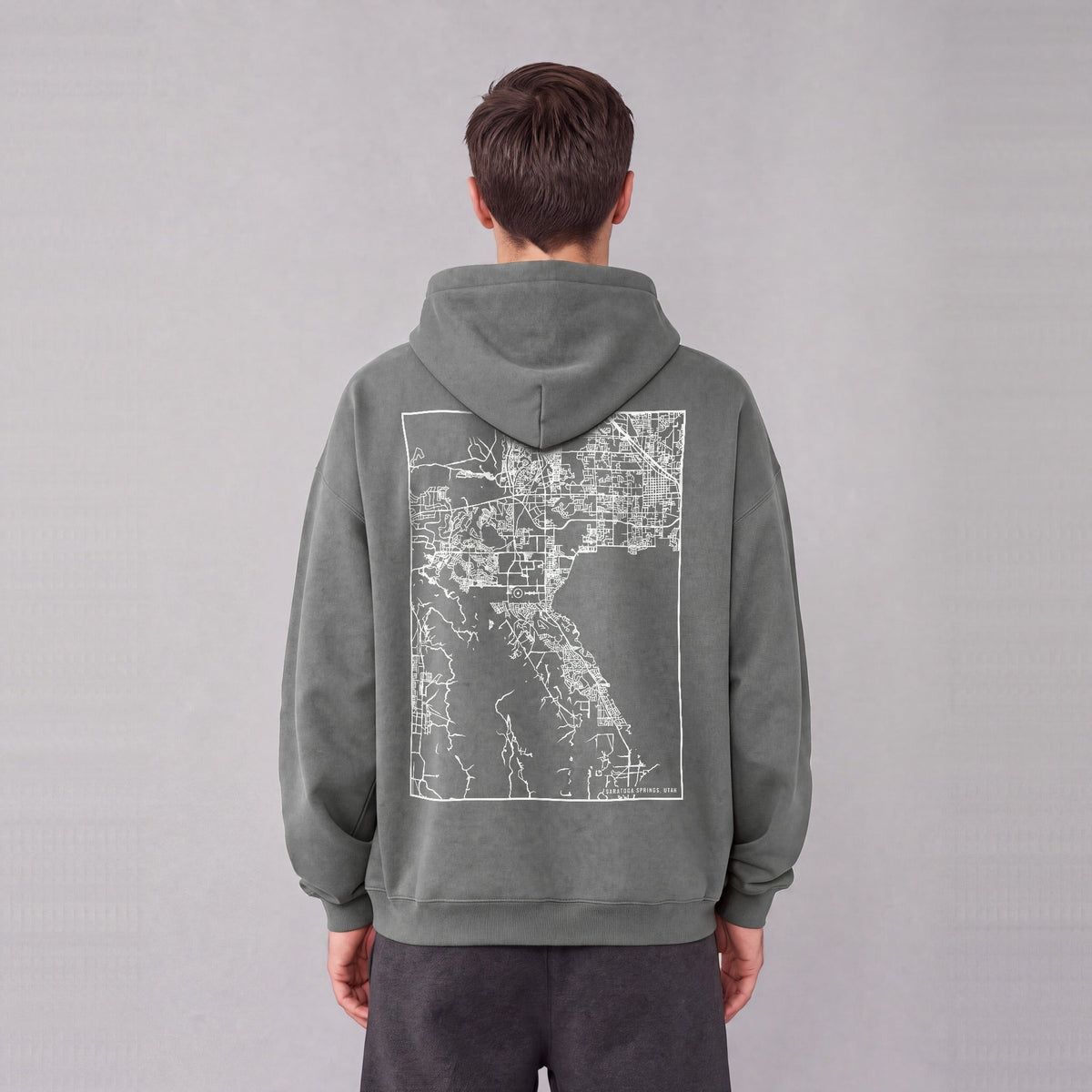 Saratoga Springs map hoodie, back print on model - Gray