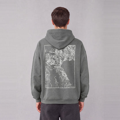 Saratoga Springs map hoodie, back print on model - Gray