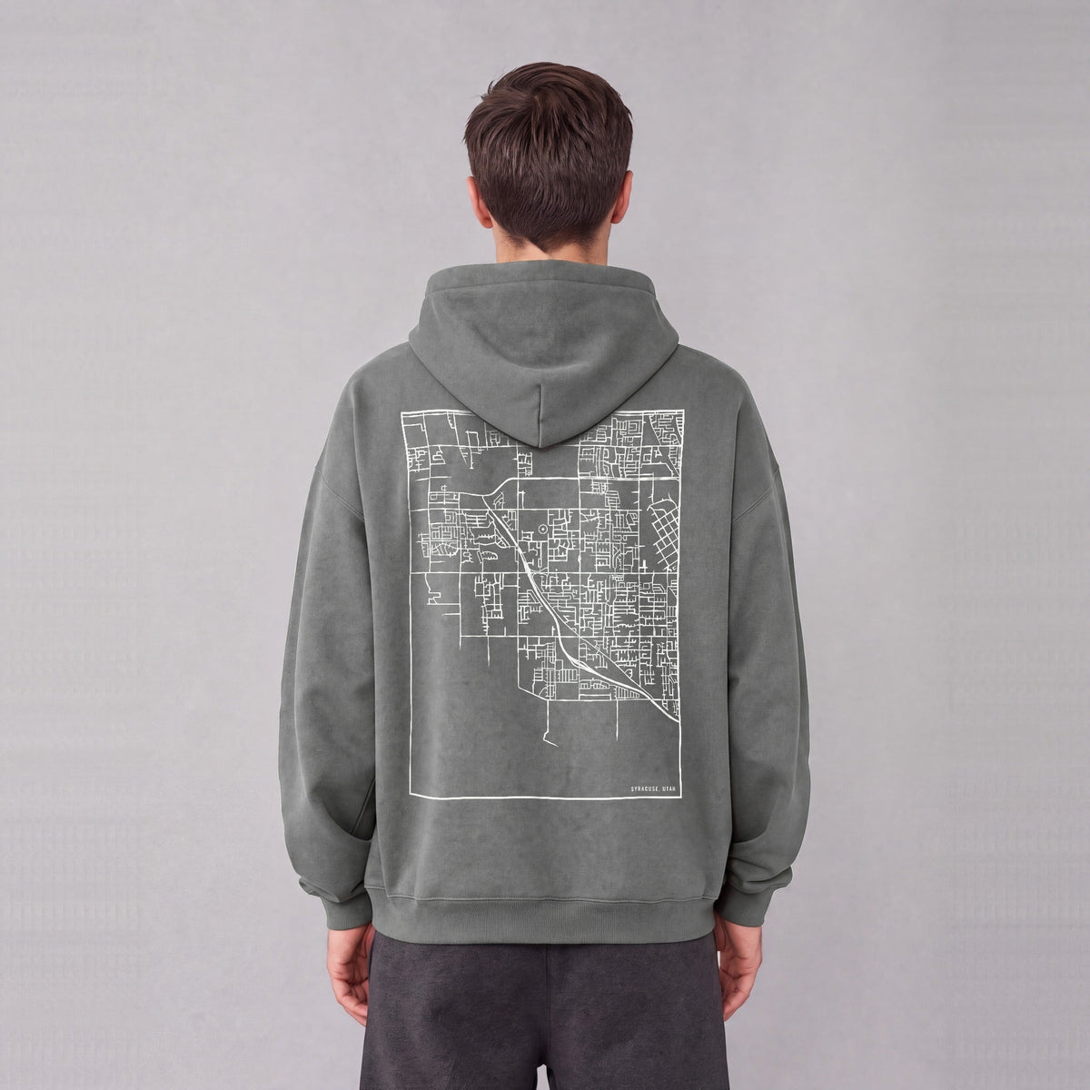 Syracuse map hoodie, back print on model - Gray