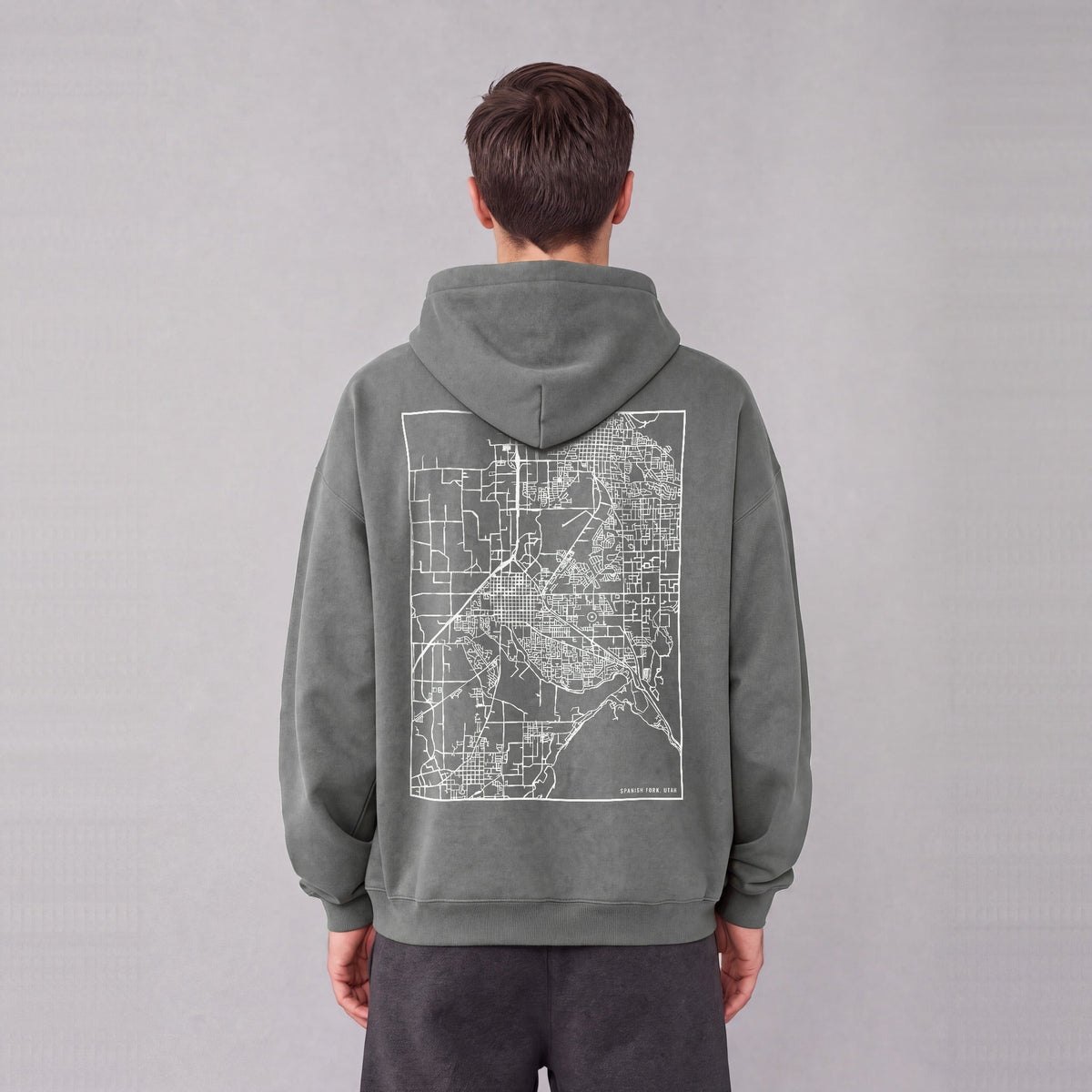 Spanish Fork map hoodie, back print on model - Gray