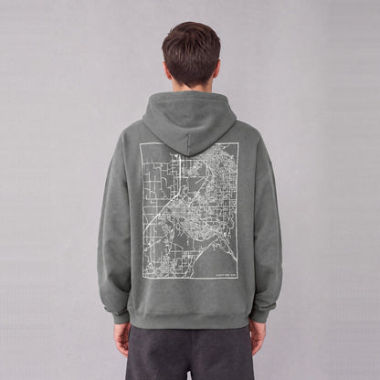 Spanish Fork map hoodie, back print on model - Gray