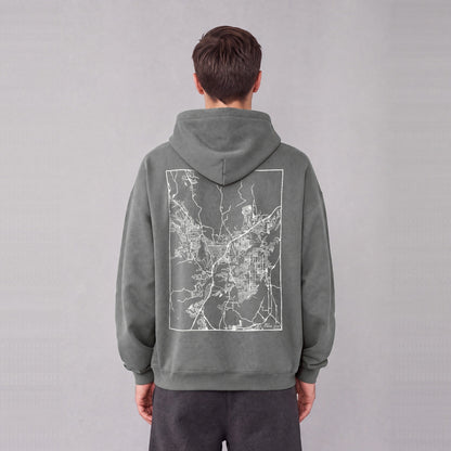 St. George map hoodie, back print on model - Gray