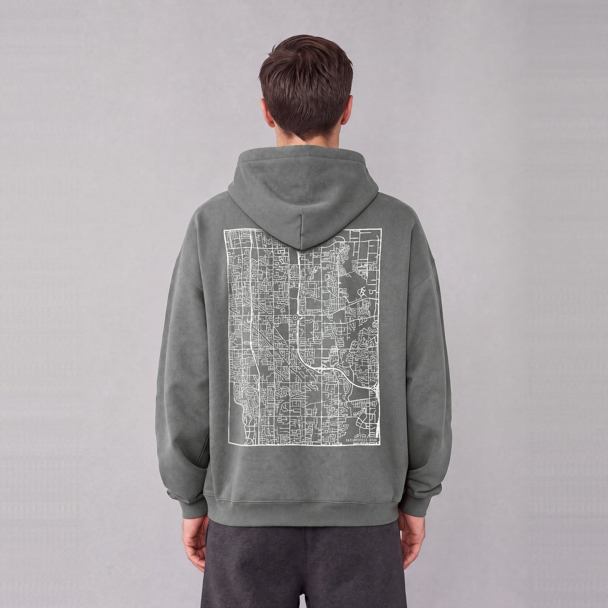 Taylorsville map hoodie, back print on model - Gray