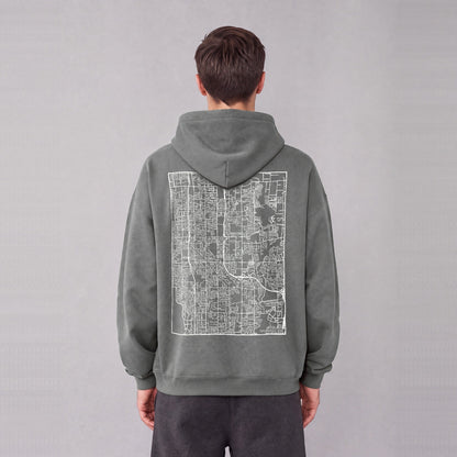 Taylorsville map hoodie, back print on model - Gray