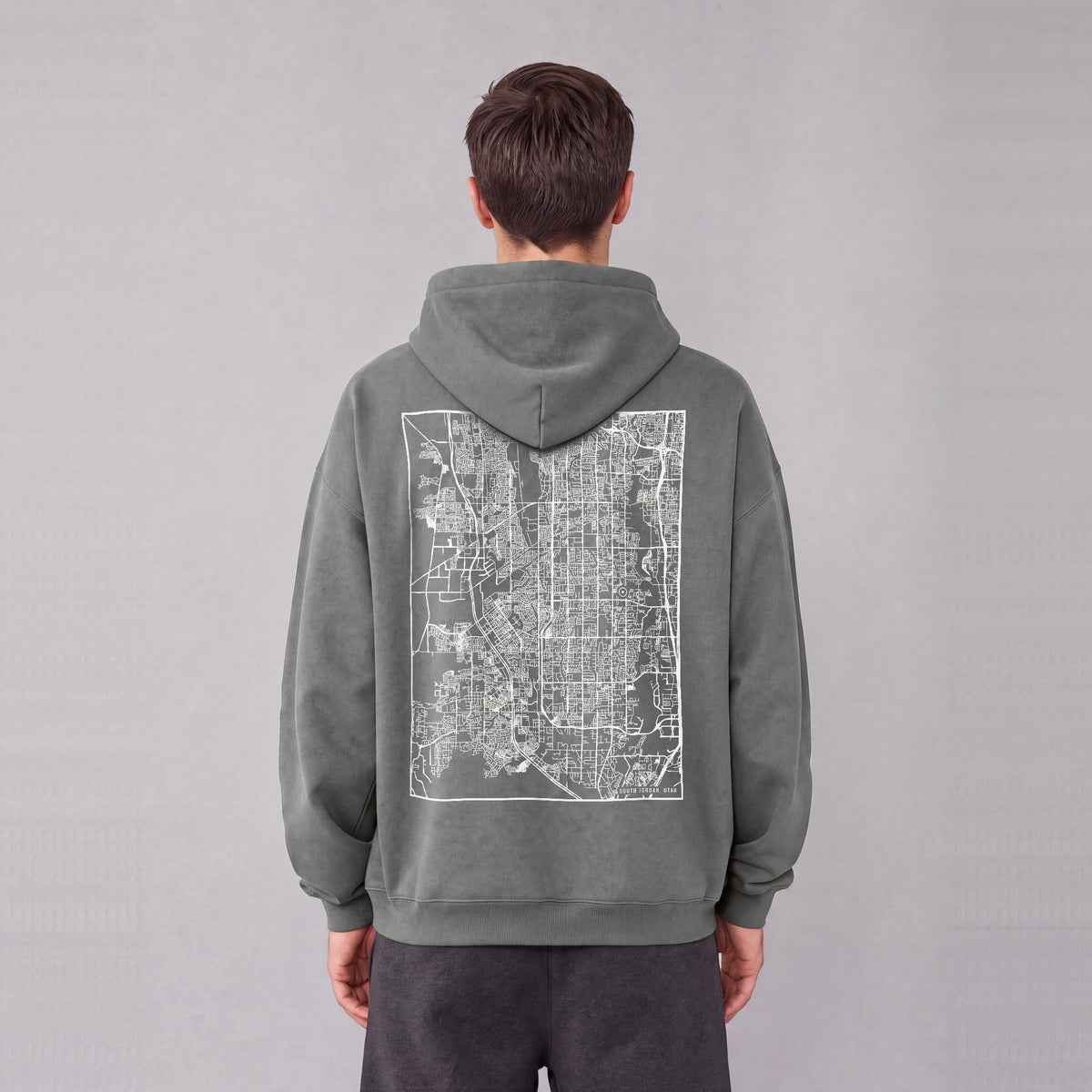 South Jordan map hoodie, back print on model - Gray