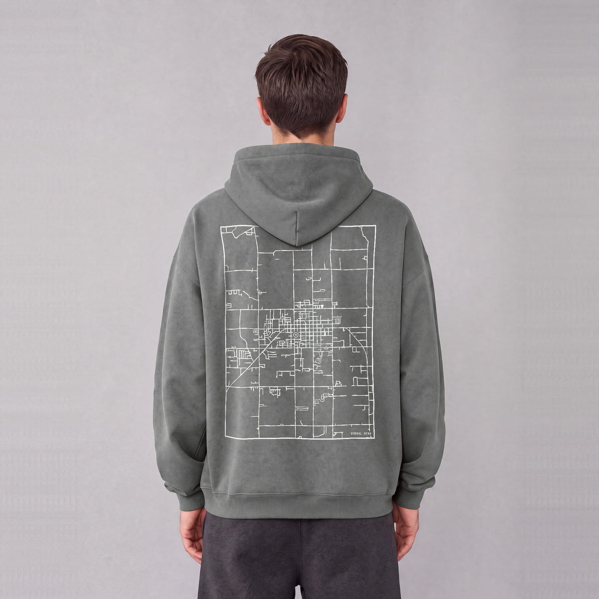 Vernal map hoodie, back print on model - Gray