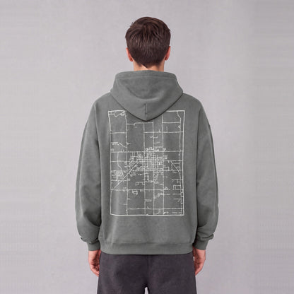 Vernal map hoodie, back print on model - Gray
