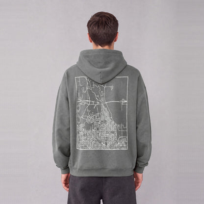 Winter Quarters map hoodie, back print on model - Gray