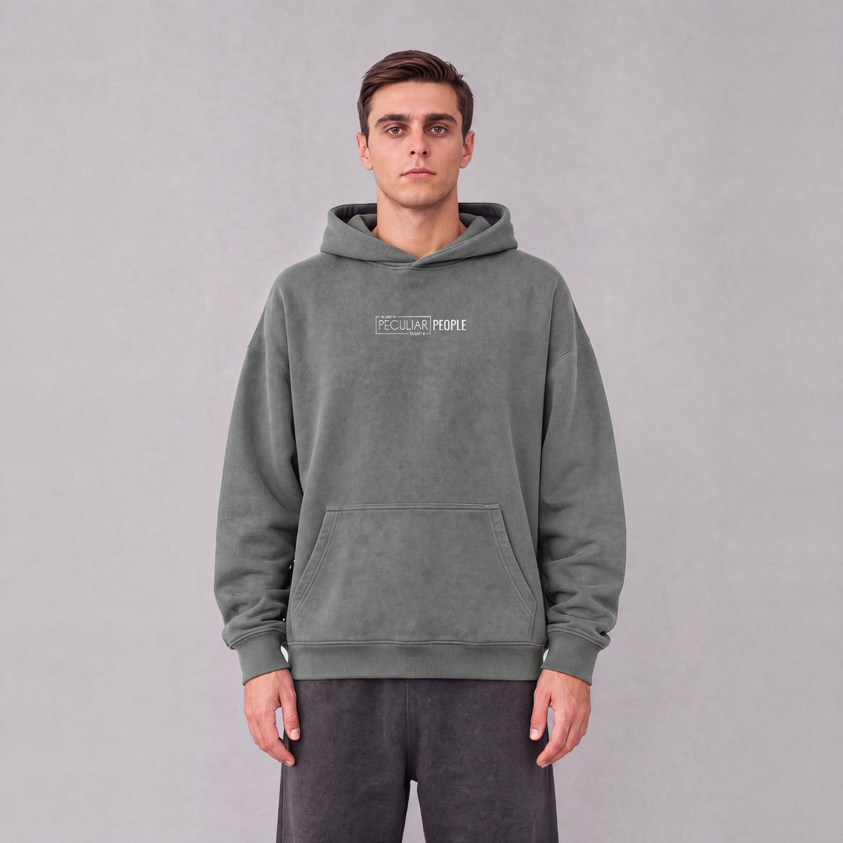 Saratoga Springs map hoodie, front logo on model - Gray