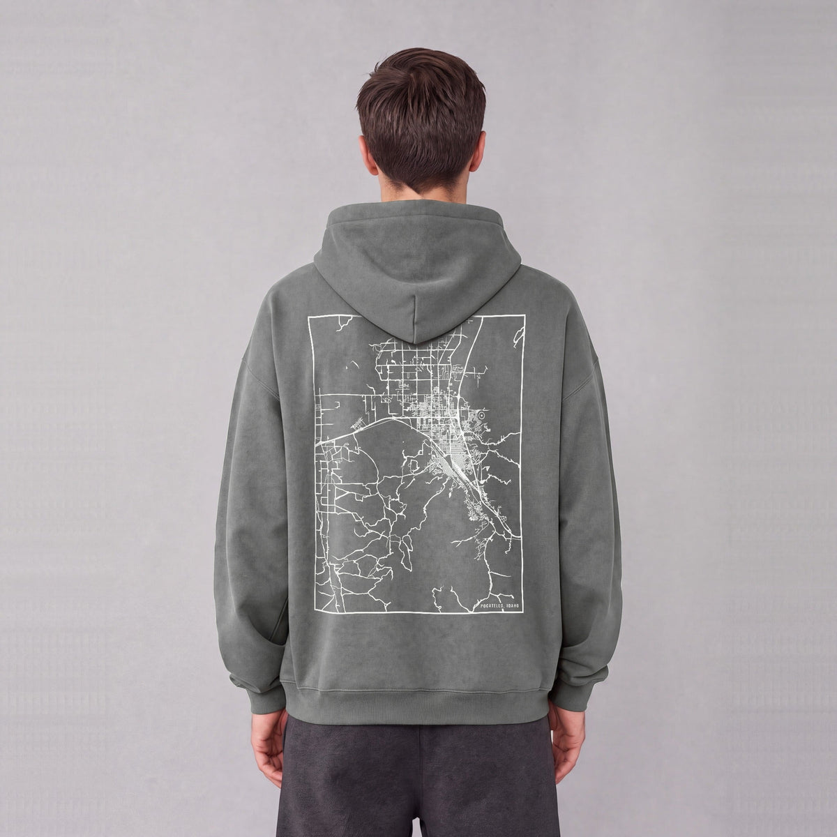 Pocatello map hoodie, back print on model - Gray