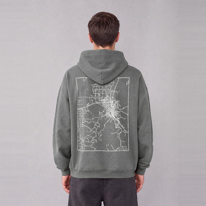 Pocatello map hoodie, back print on model - Gray