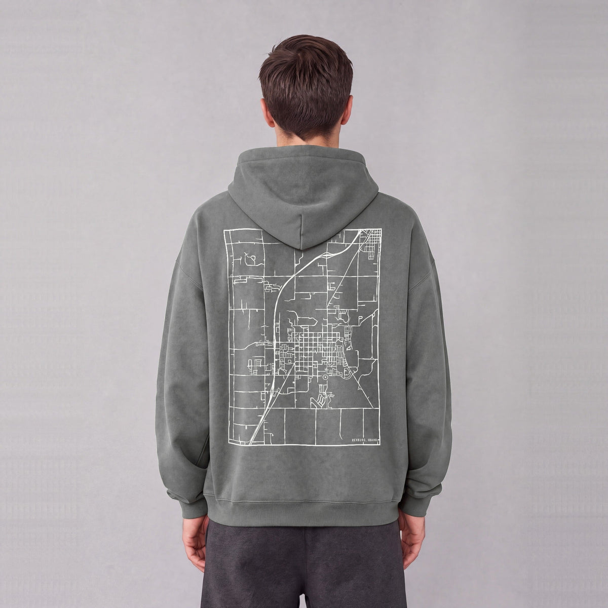 Rexburg map hoodie, back print on model - Gray
