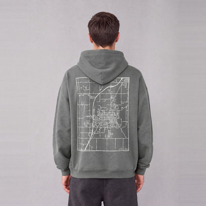 Rexburg map hoodie, back print on model - Gray