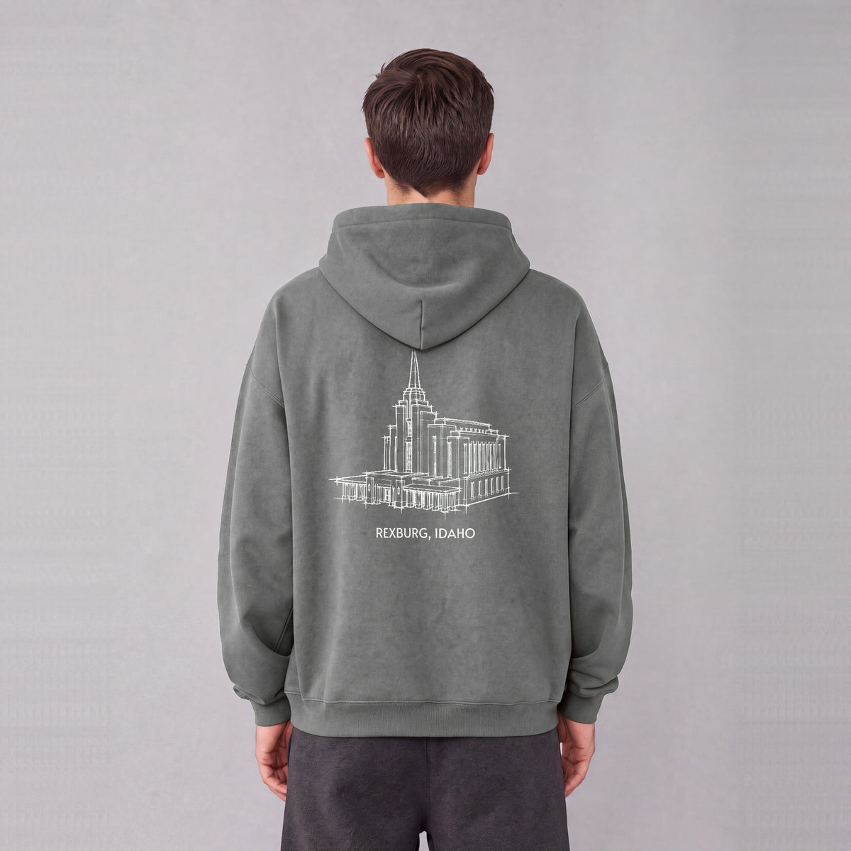 Rexburg Temple back print on model - Gray