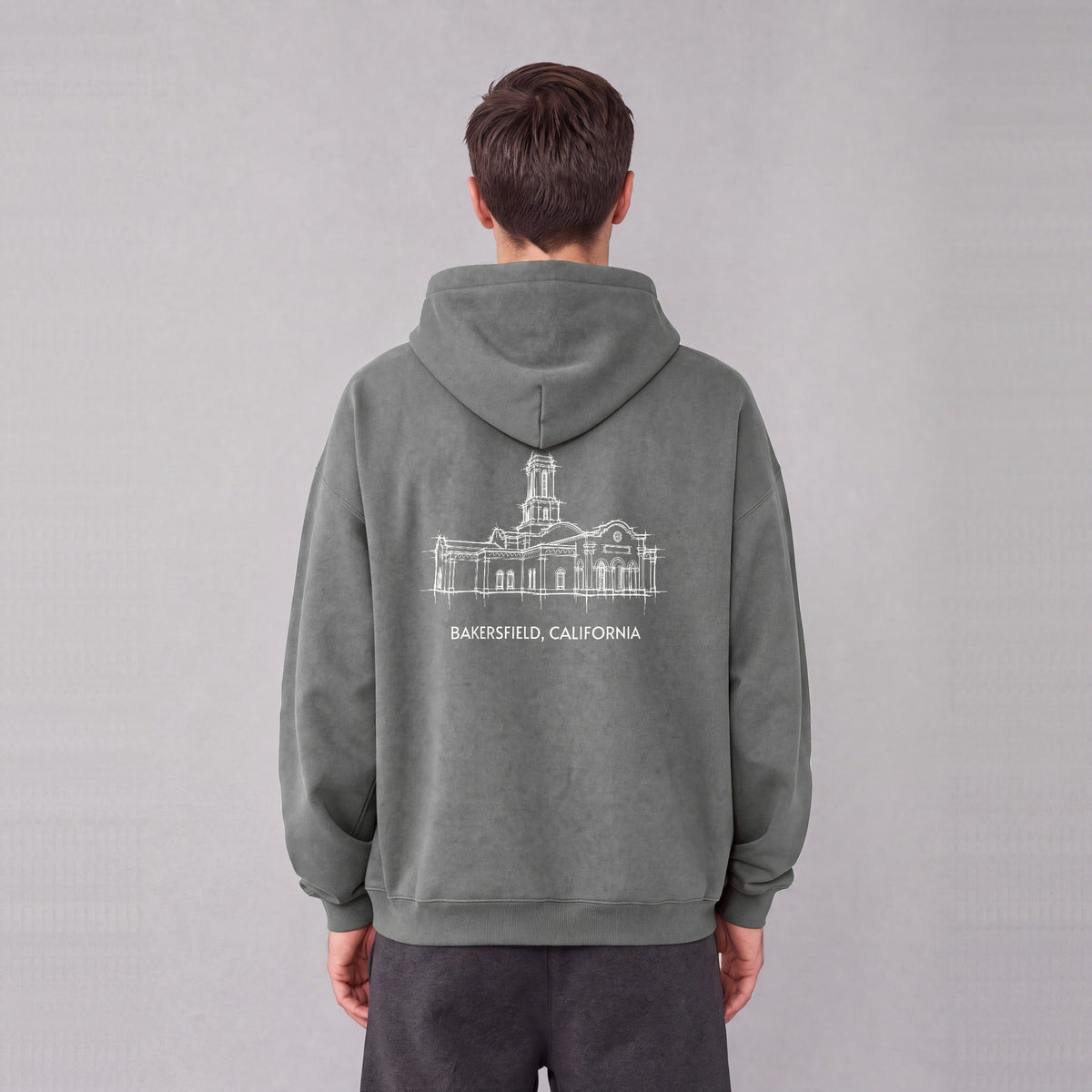 Bakersfield Temple back print on model - Gray