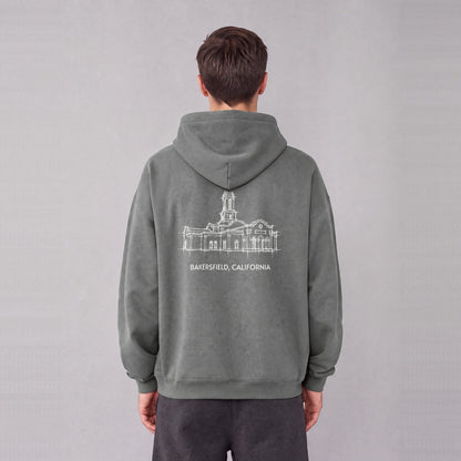Bakersfield Temple back print on model - Gray