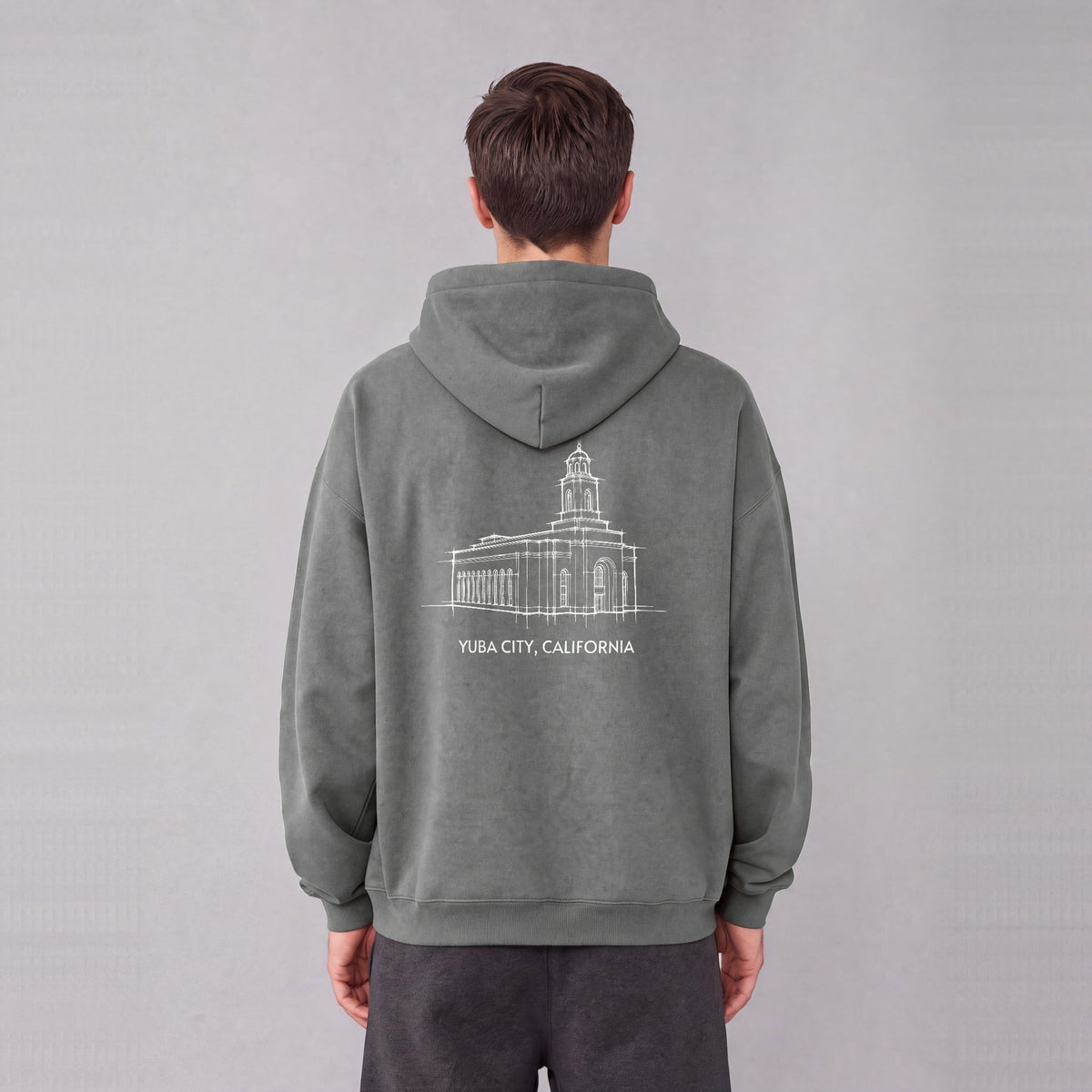 Feather River Temple back print on model - Gray