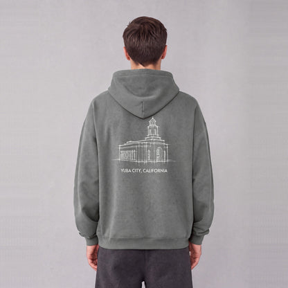 Feather River Temple back print on model - Gray