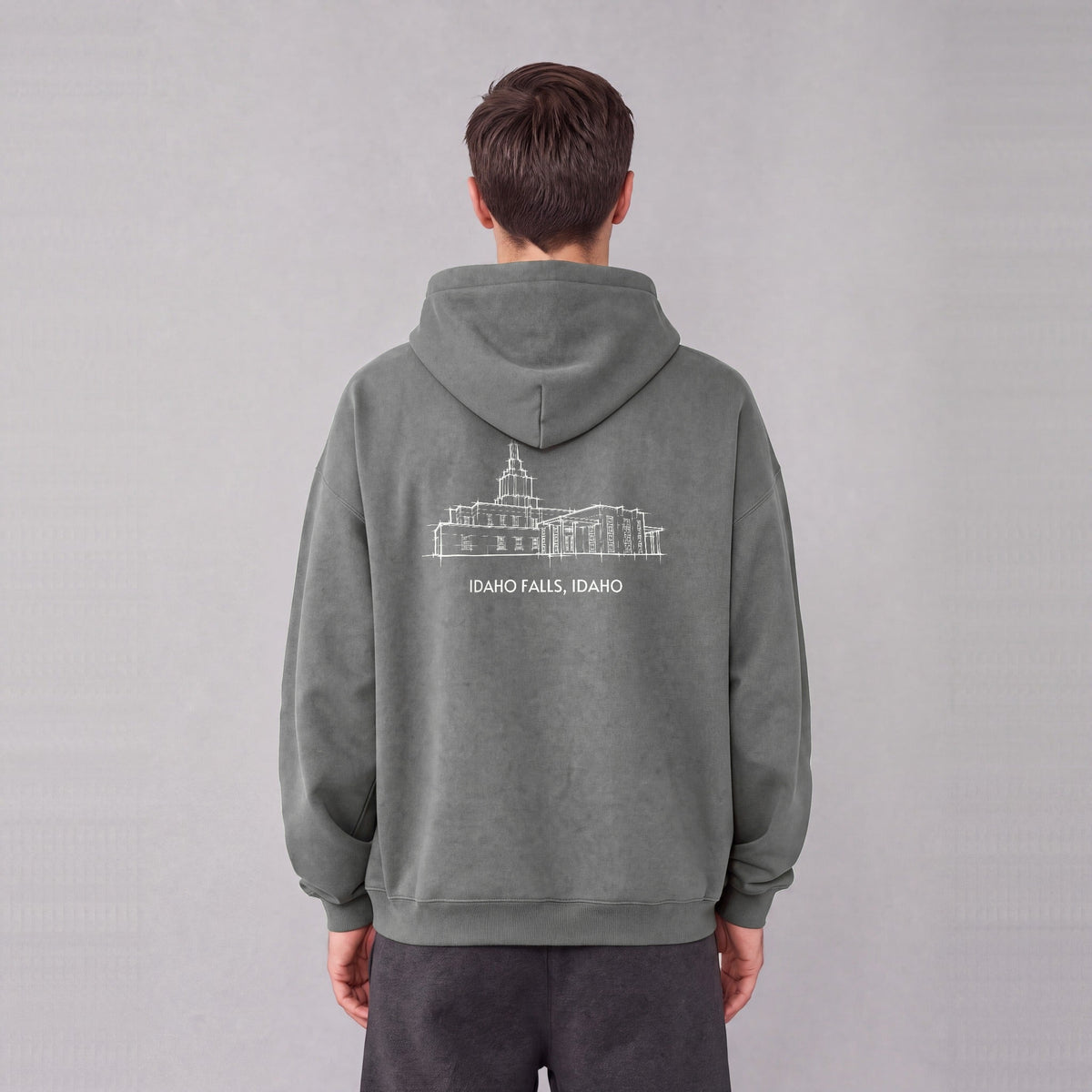 Idaho Falls Temple back print on model - Gray
