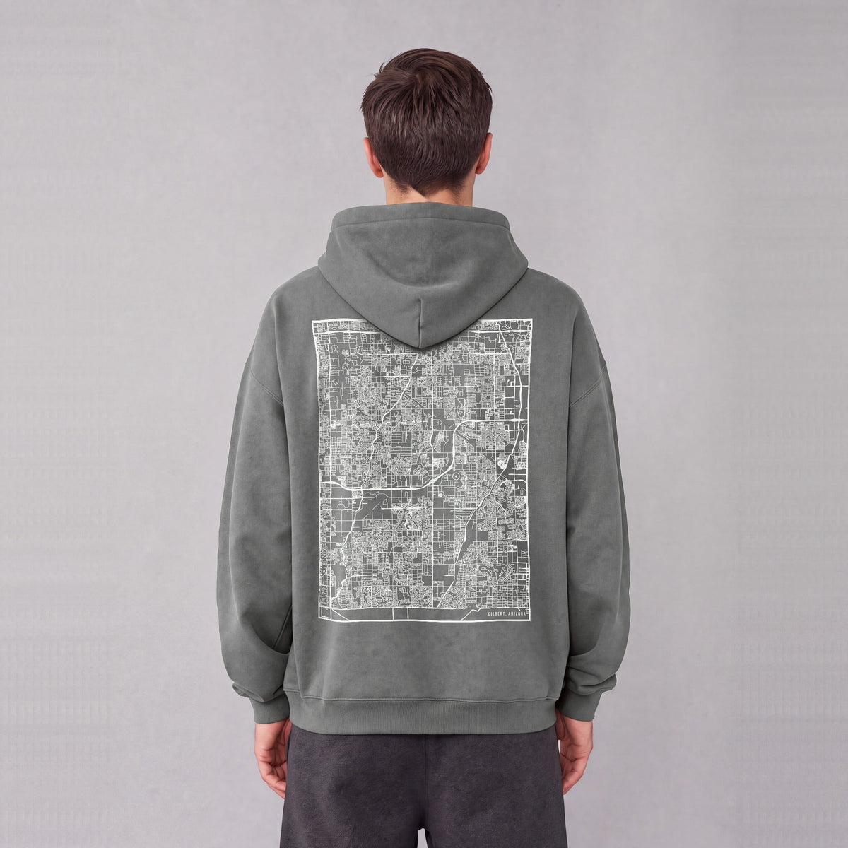 Gilbert map hoodie, back print on model - Gray