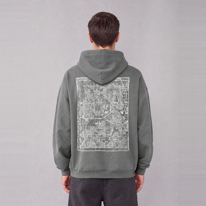 Gilbert map hoodie, back print on model - Gray