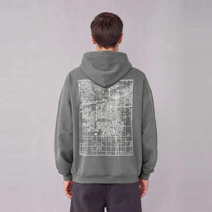 Bakersfield map hoodie, back print on model - Gray