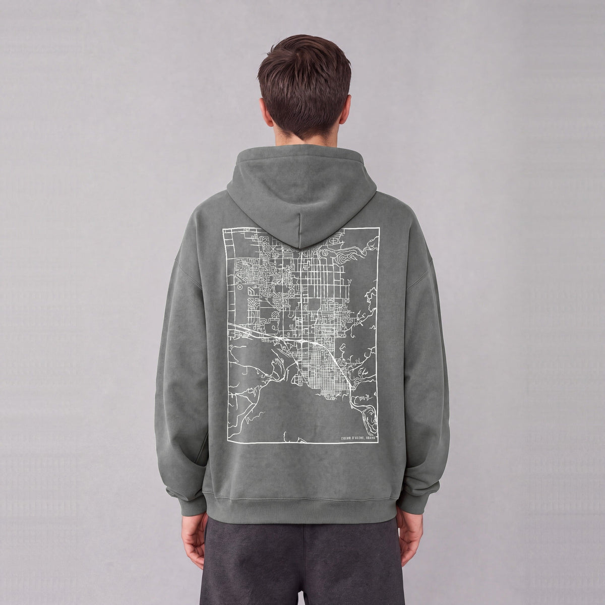 Coeur d'Alene map hoodie, back print on model - Gray