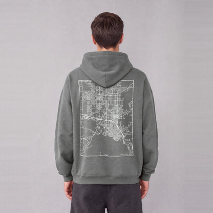 Coeur d'Alene map hoodie, back print on model - Gray