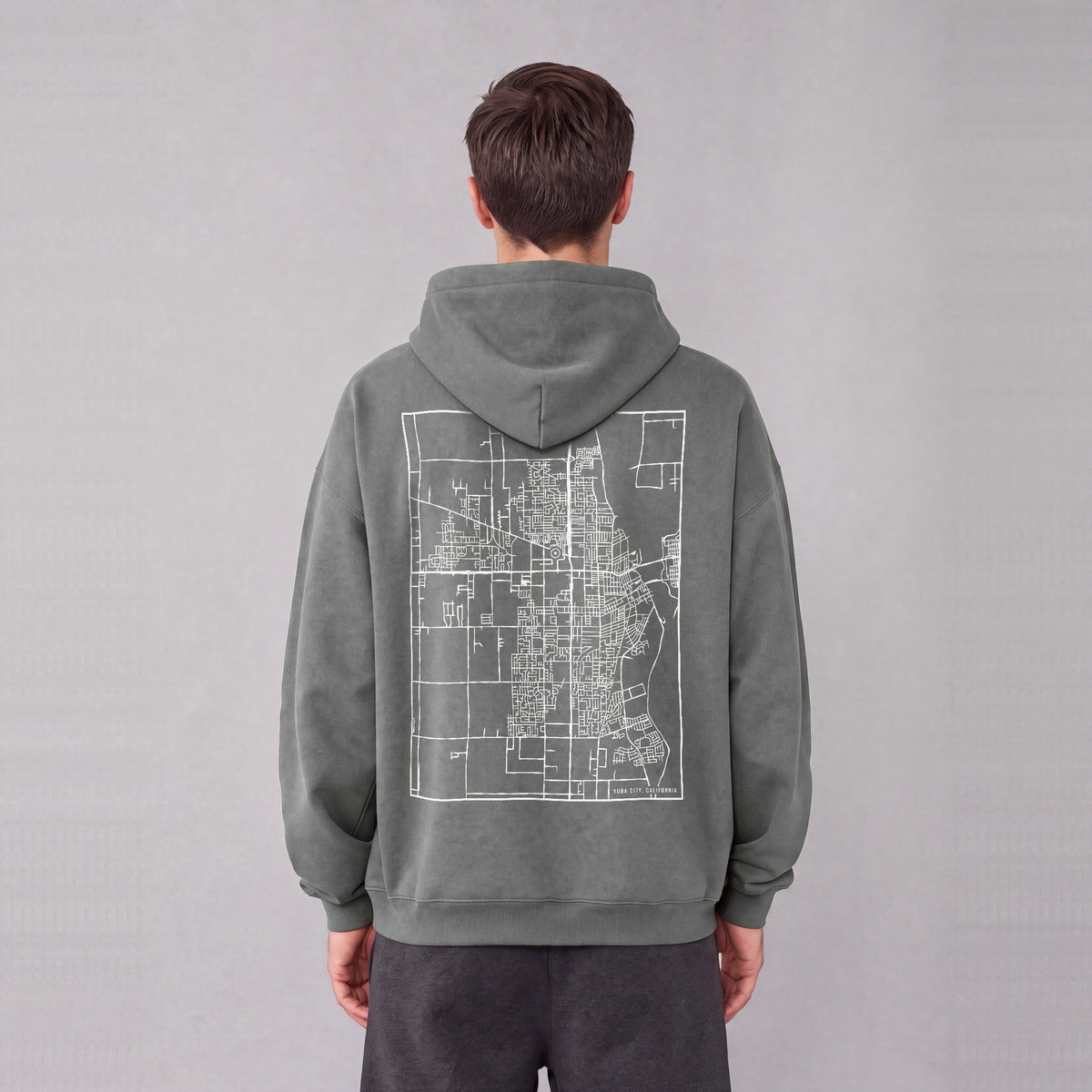 Yuba City map hoodie, back print on model - Gray