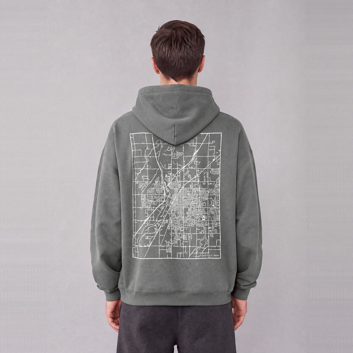 Idaho Falls map hoodie, back print on model - Gray