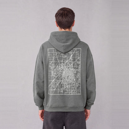 Idaho Falls map hoodie, back print on model - Gray