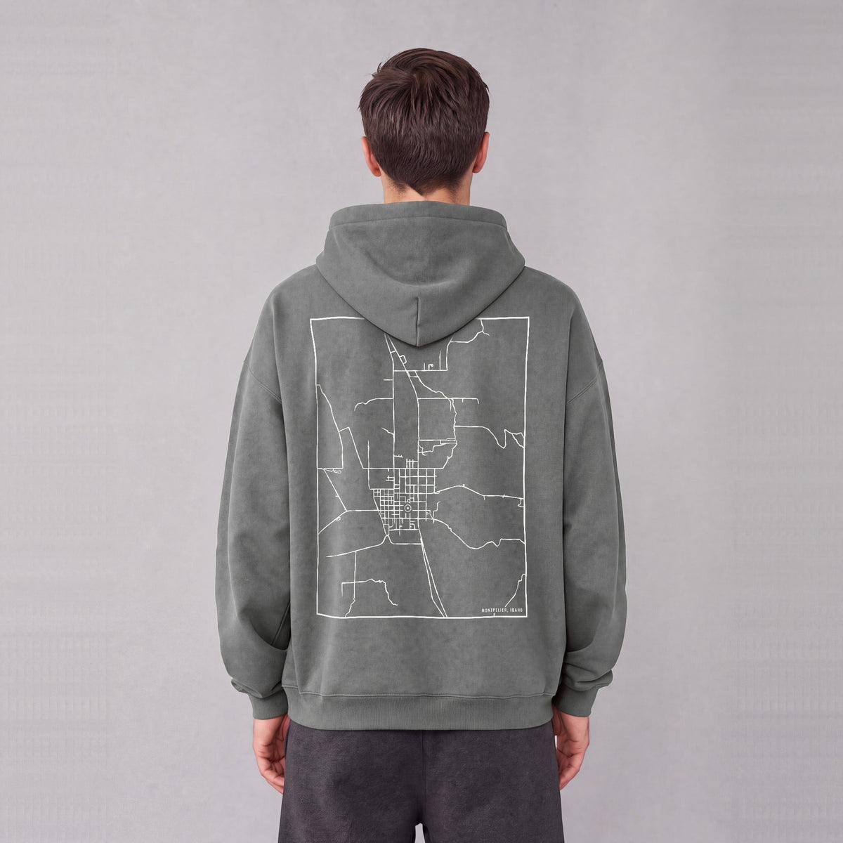 Montpelier map hoodie, back print on model - Gray