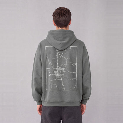 Montpelier map hoodie, back print on model - Gray