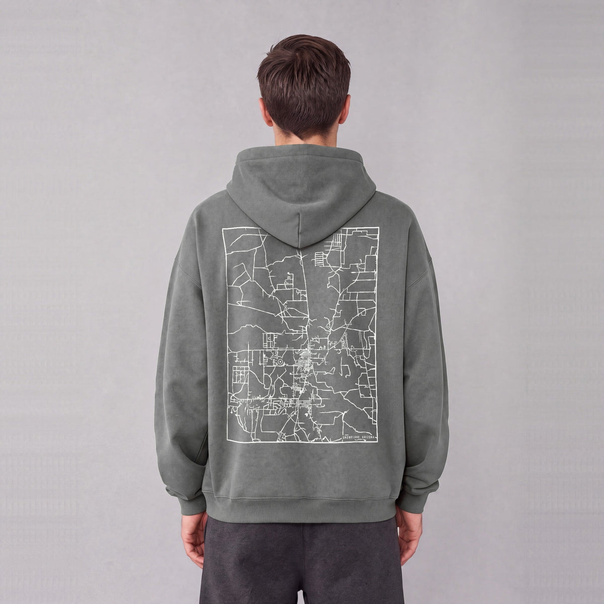 Snowflake map hoodie, back print on model - Gray