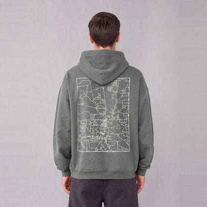 Snowflake map hoodie, back print on model - Gray