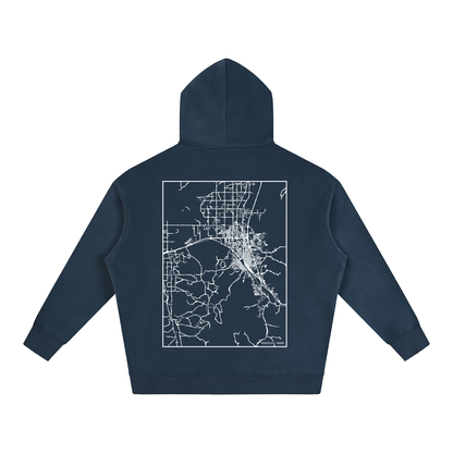 Pocatello map hoodie, back print - Navy Blue