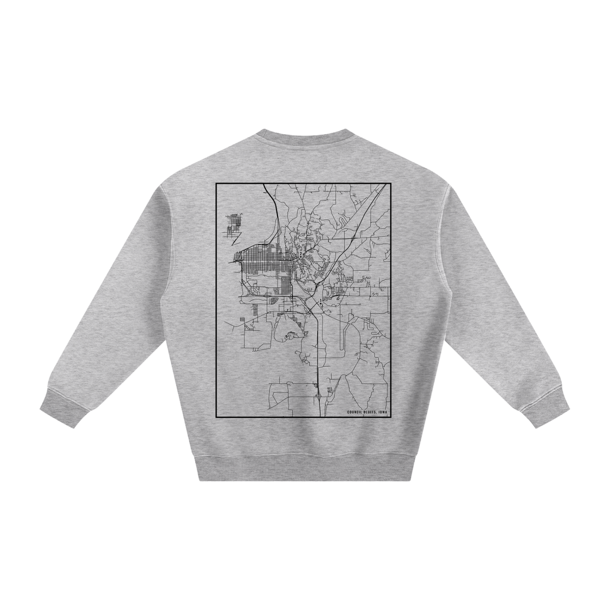 Council Bluffs map sweatshirt, back print - Heather Gray
