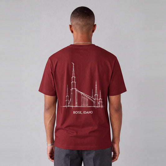 Boise Temple back print on model - Maroon