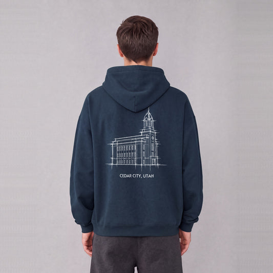 Cedar City Temple back print on model - Navy Blue