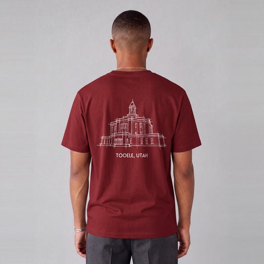 Deseret Peak Temple back print on model - Maroon