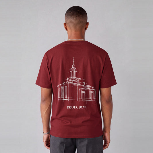 Draper Temple back print on model - Maroon