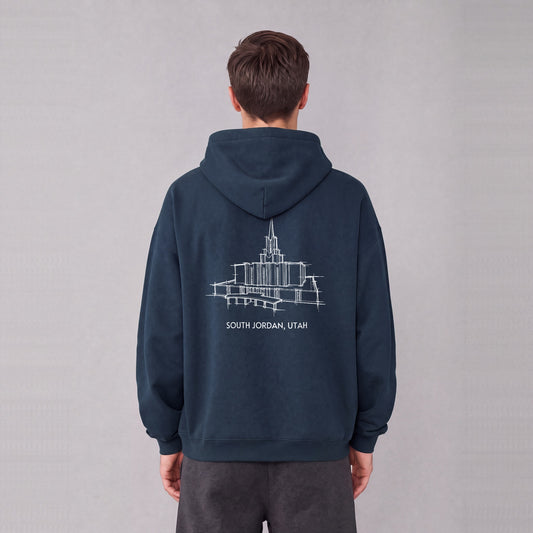 Jordan River Temple back print on model - Navy Blue